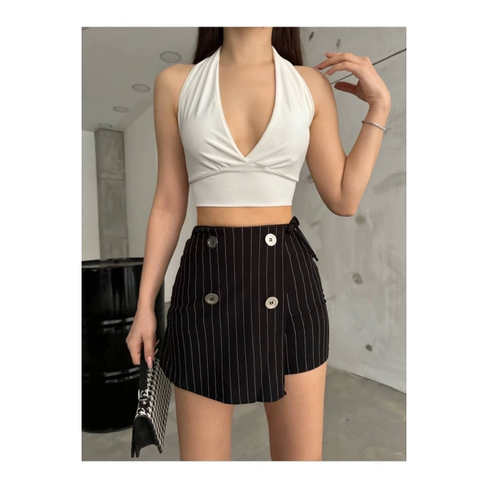 Siyah Düğme Detaylı İtalyan Çizgili Şort Etek