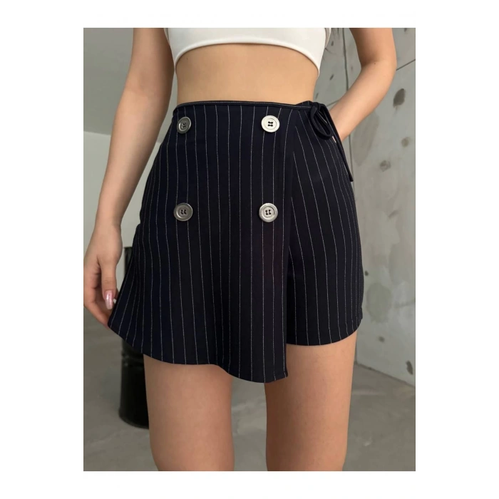 Lacivert Düğme Detaylı İtalyan Çizgili Şort Etek