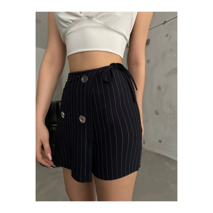 Lacivert Düğme Detaylı İtalyan Çizgili Şort Etek