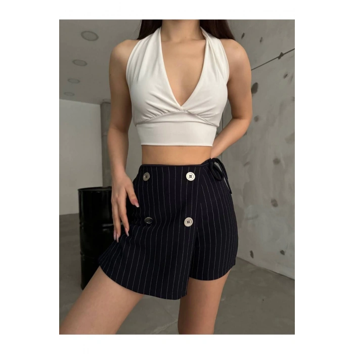 Lacivert Düğme Detaylı İtalyan Çizgili Şort Etek