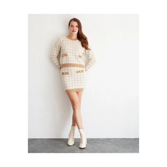 Düğme Detay Uzun Kollu Camel Triko Takım