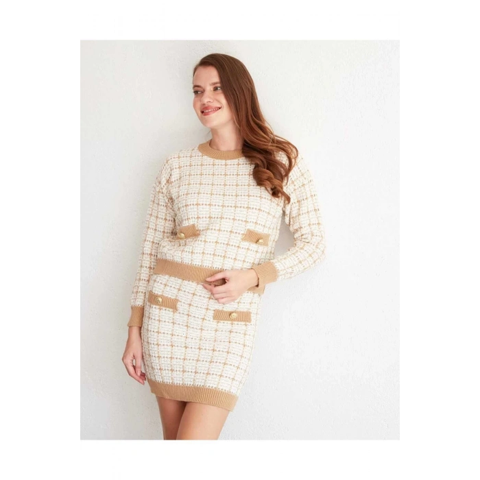 Düğme Detay Uzun Kollu Camel Triko Takım