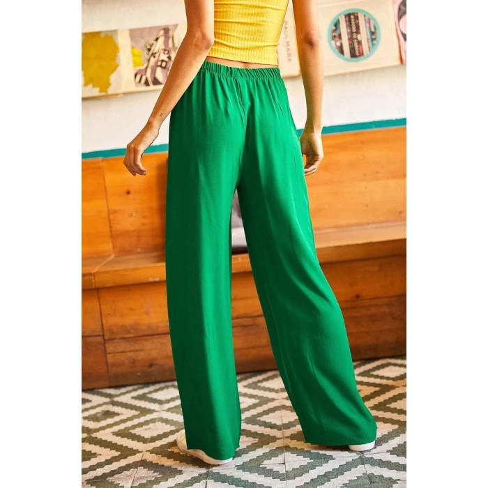 Kuşaklı Yeşil Dokuma Viscon Palazzo Pantolon