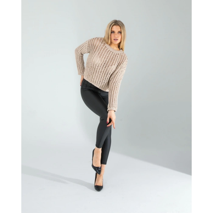 Ekru Ajurlu Simli Triko Kazak