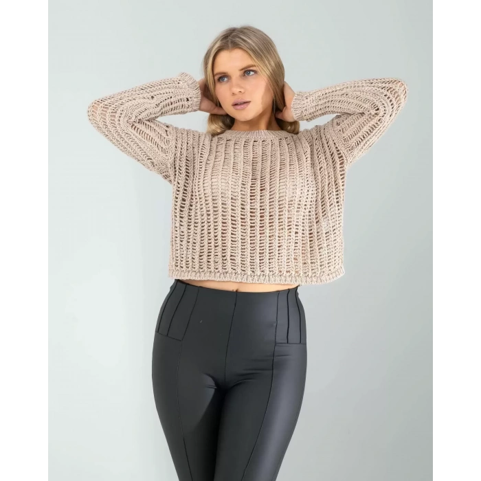 Ekru Ajurlu Simli Triko Kazak