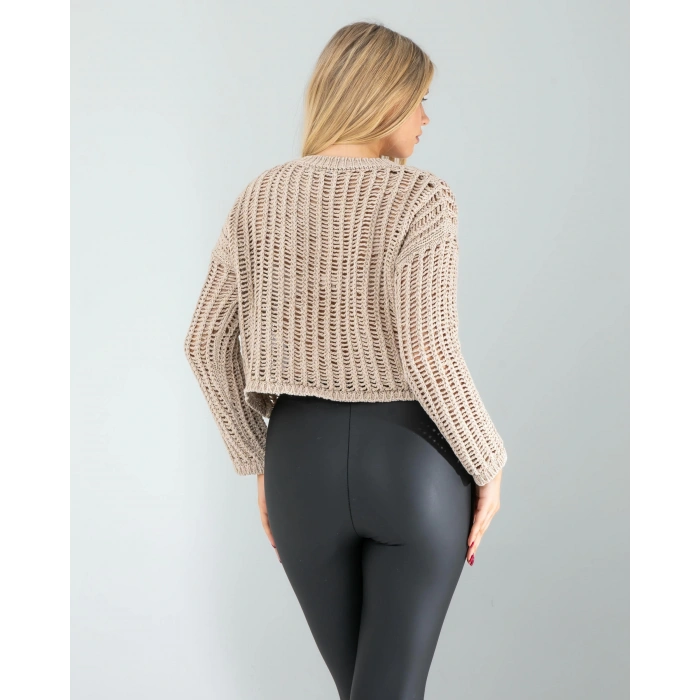 Ekru Ajurlu Simli Triko Kazak