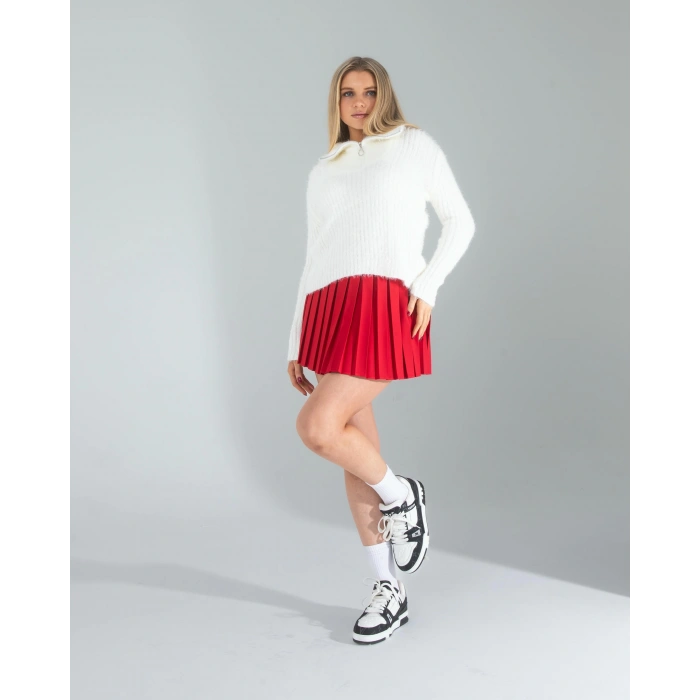 Beyaz Fermuarlı Sakal Triko