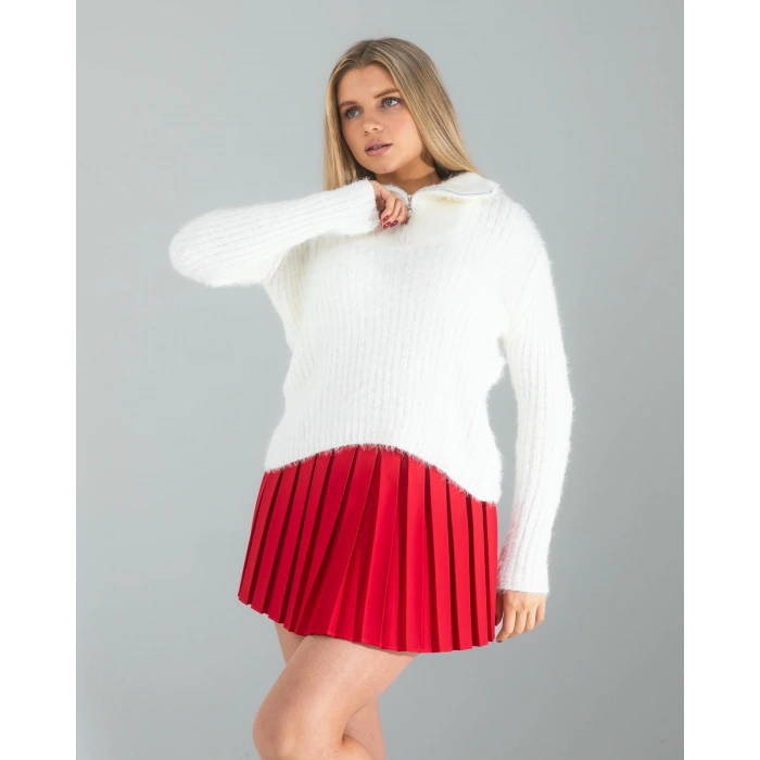 Beyaz Fermuarlı Sakal Triko