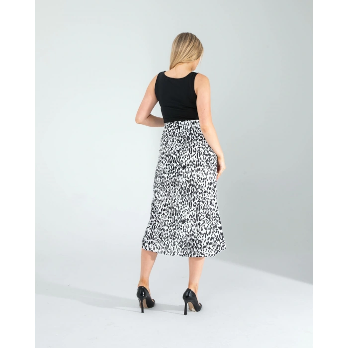 Beyaz Leopar Desen Yandan Büzgülü Saten Etek