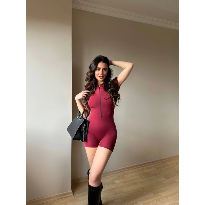 Bordo Fermuarlı Şort Tulum