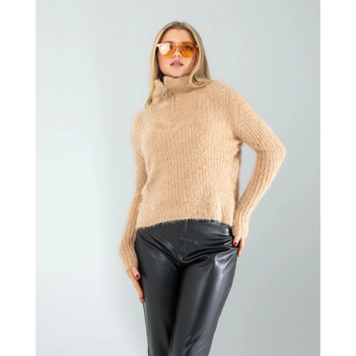 Camel Fermuarlı Sakal Triko