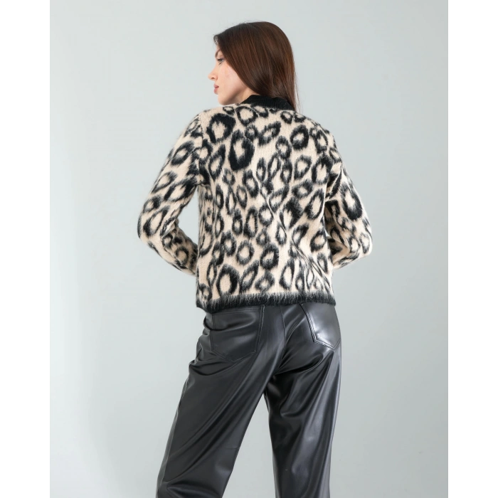 Camel Leopar Desen Sakal Triko Hırka