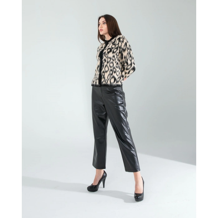 Camel Leopar Desen Sakal Triko Hırka