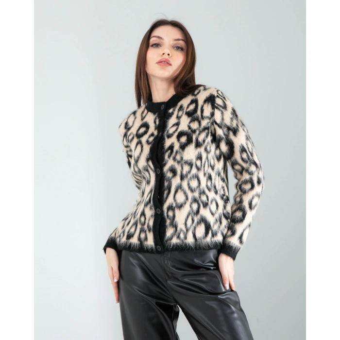 Camel Leopar Desen Sakal Triko Hırka