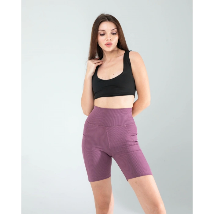 Lila Fitilli Push Up Toparlayıcı Biker Spor Tayt