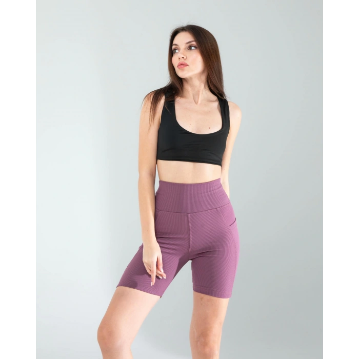 Lila Fitilli Push Up Toparlayıcı Biker Spor Tayt