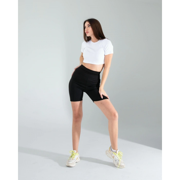 Siyah Fitilli Push Up Toparlayıcı Biker Spor Tayt