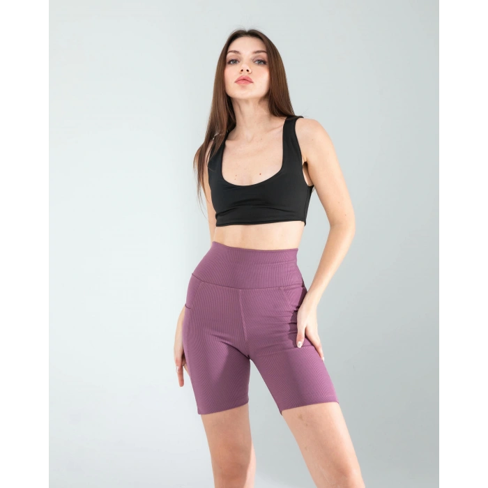 Lila Fitilli Push Up Toparlayıcı Biker Spor Tayt