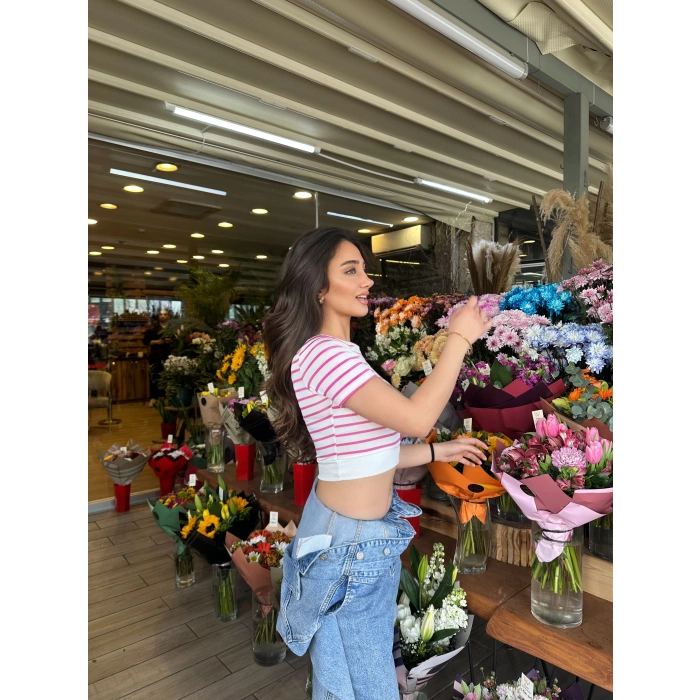 Fuşya Çizgili Manşet Detay T-Shirt