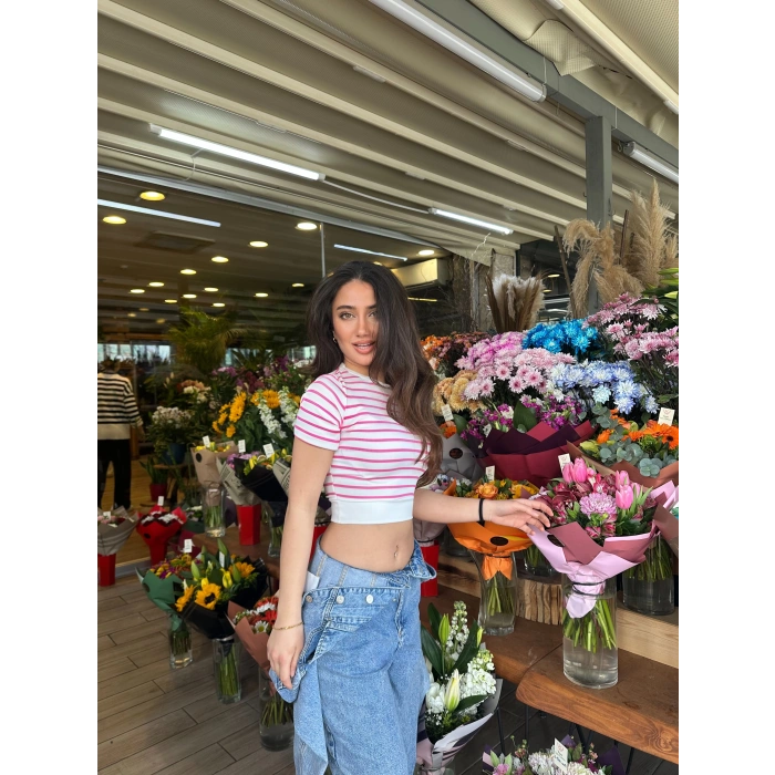 Fuşya Çizgili Manşet Detay T-Shirt