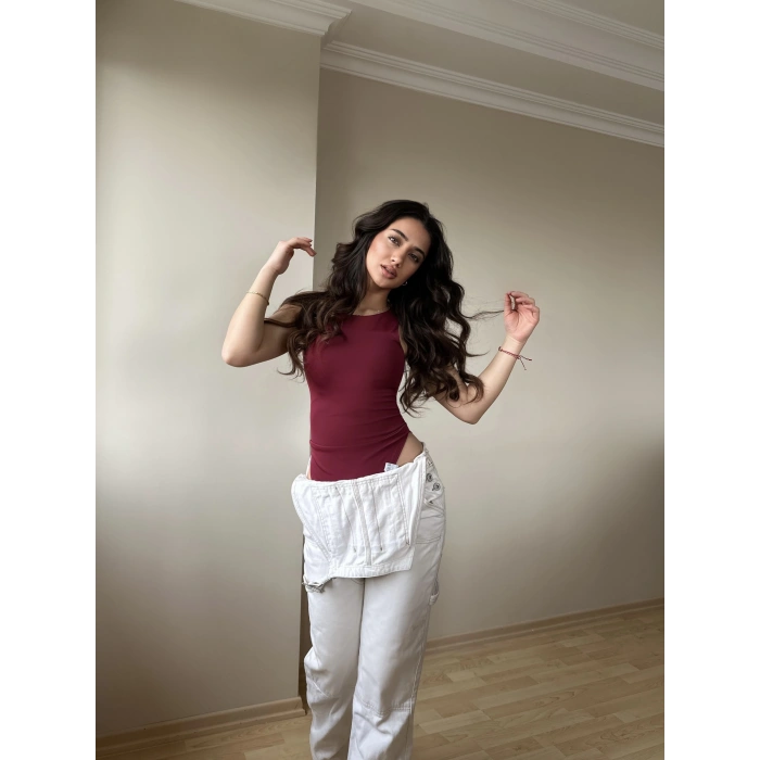 Halter Yaka Bordo Bodysuit