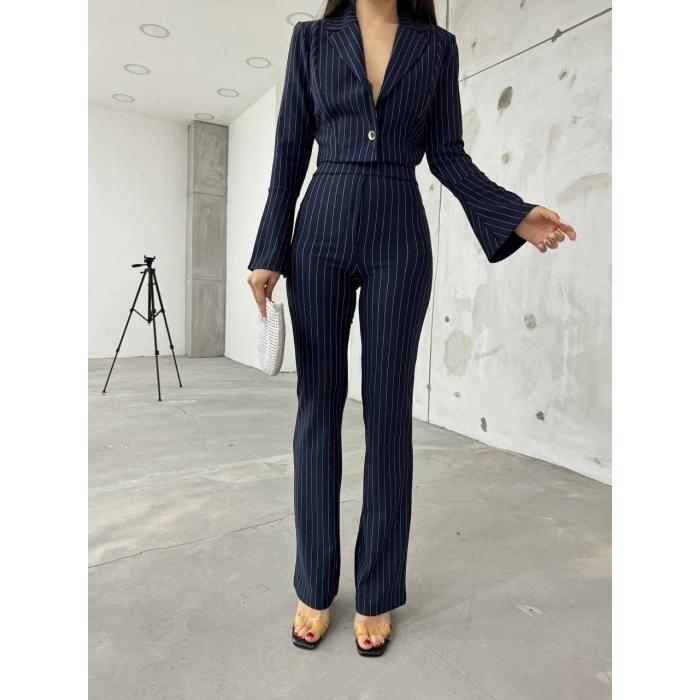 Lacivert İspanyol Kollu İtalyan Çizgili Takım