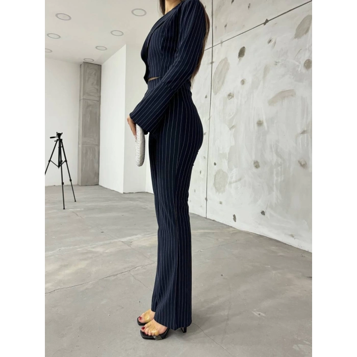 Lacivert İspanyol Kollu İtalyan Çizgili Takım