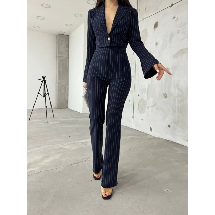 Lacivert İspanyol Kollu İtalyan Çizgili Takım