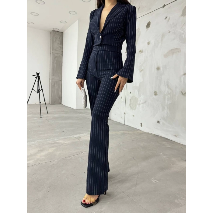 Lacivert İspanyol Kollu İtalyan Çizgili Takım