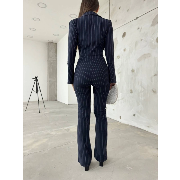 Lacivert İspanyol Kollu İtalyan Çizgili Takım