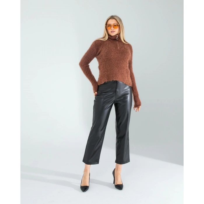 Kahve Fermuarlı Sakal Triko