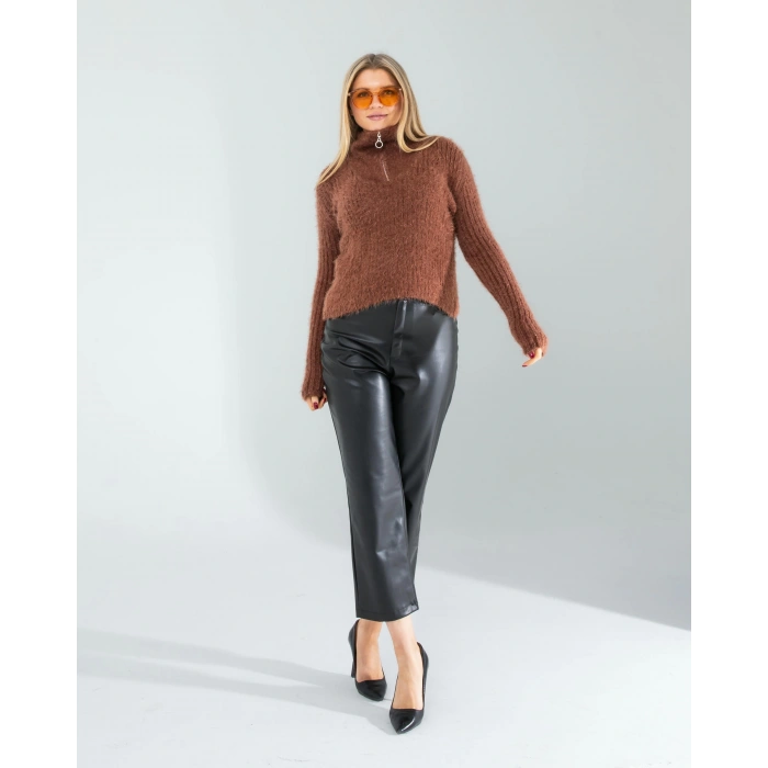 Kahve Fermuarlı Sakal Triko