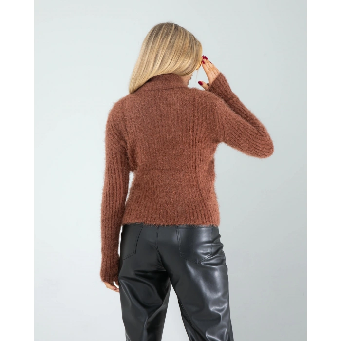 Kahve Fermuarlı Sakal Triko