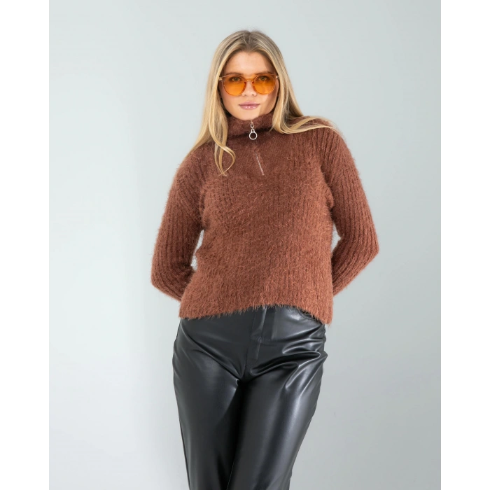 Kahve Fermuarlı Sakal Triko