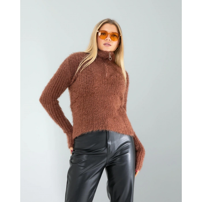 Kahve Fermuarlı Sakal Triko