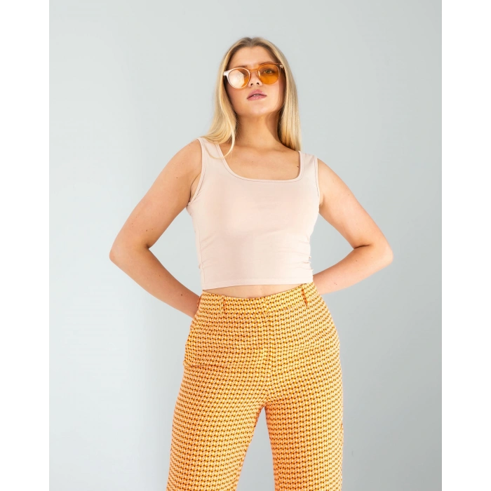 Bej Kare Yaka Basic Bluz