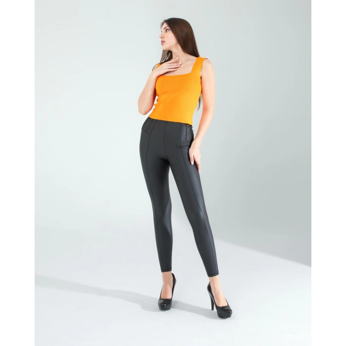 Turuncu Kare Yaka Kalın Askı Triko Crop Bluz