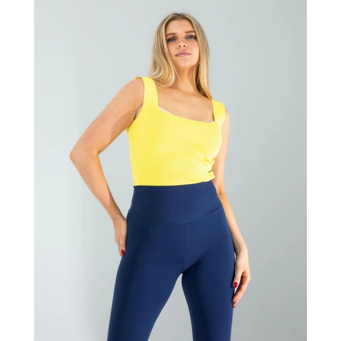 Sarı Kare Yaka Kalın Askı Triko Crop Bluz