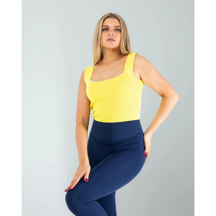 Sarı Kare Yaka Kalın Askı Triko Crop Bluz