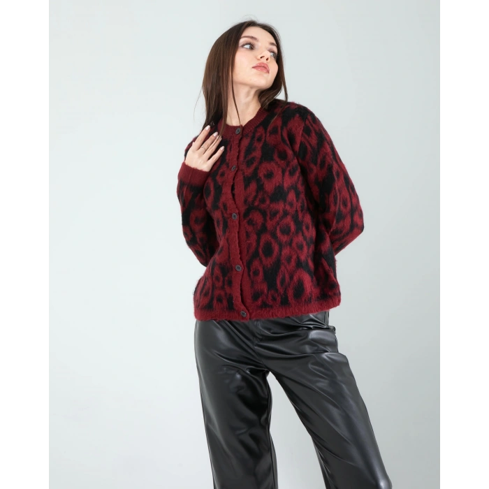 Kırmızı Leopar Desen Sakal Triko Hırka