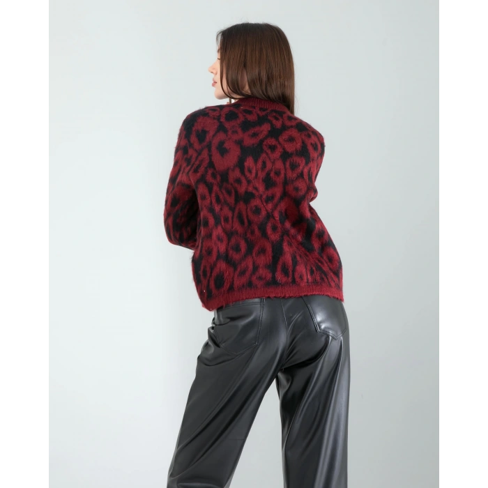 Kırmızı Leopar Desen Sakal Triko Hırka