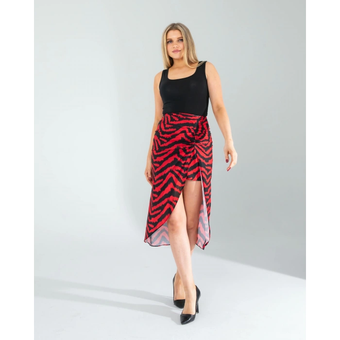 Kırmızı Zebra Desen Yandan Büzgülü Etek