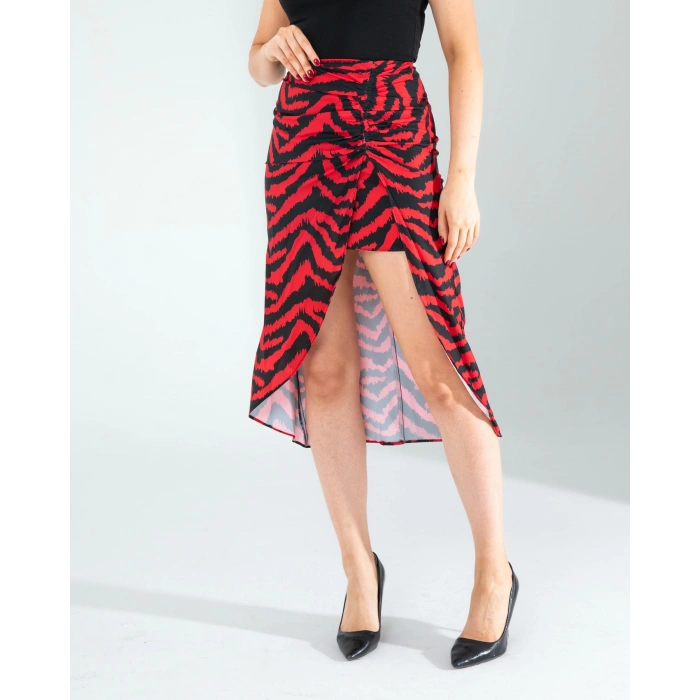 Kırmızı Zebra Desen Yandan Büzgülü Etek