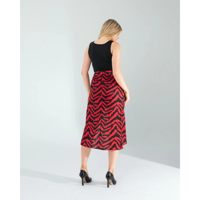 Kırmızı Zebra Desen Yandan Büzgülü Etek