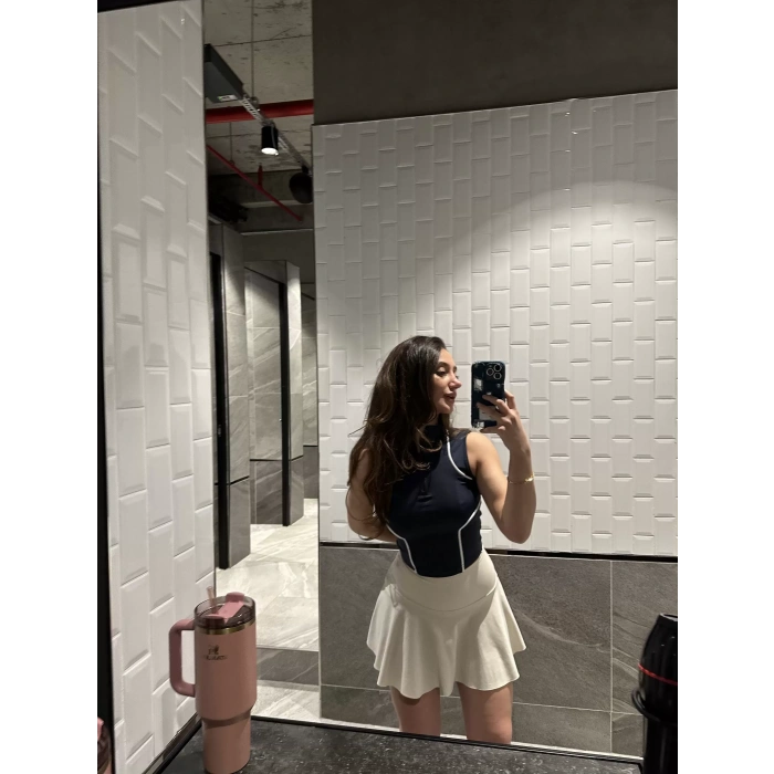 Lacivert Fermuarlı Bilyeli Bluz