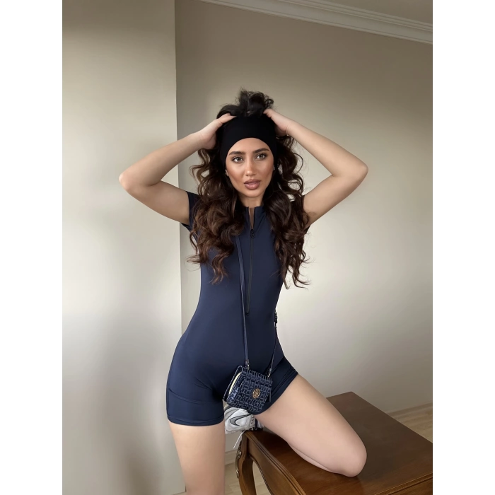 Lacivert Fermuarlı Şort Tulum