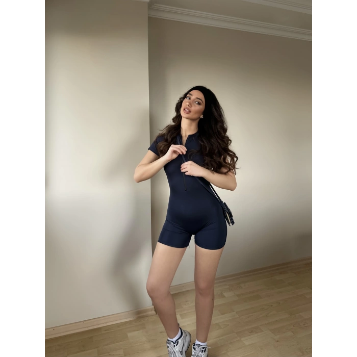 Lacivert Fermuarlı Şort Tulum