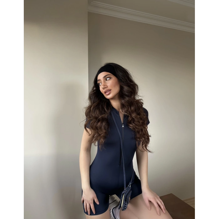 Lacivert Fermuarlı Şort Tulum