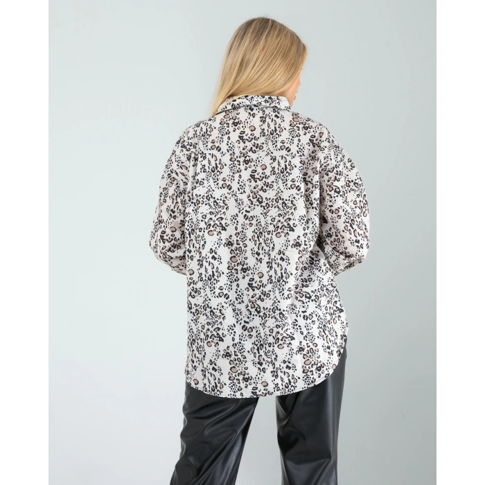 Ekru Leopar Desen Gömlek