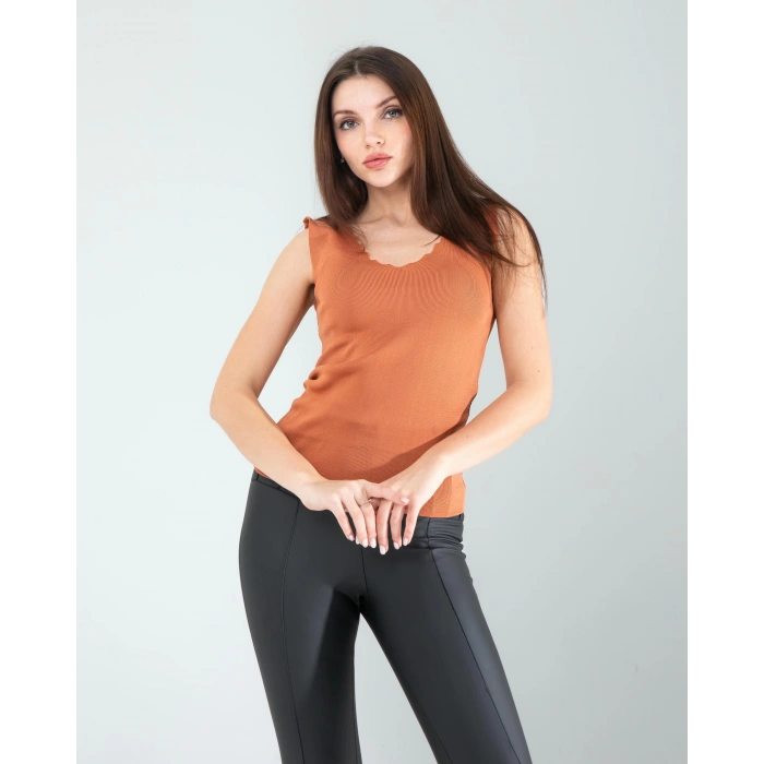 Kahve Merdiven Yaka Kalın Askı Crop Bluz